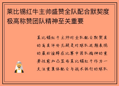 莱比锡红牛主帅盛赞全队配合默契度极高称赞团队精神至关重要