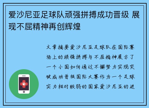 爱沙尼亚足球队顽强拼搏成功晋级 展现不屈精神再创辉煌